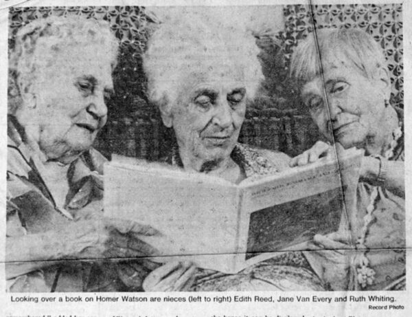 Jane Van Every photographed for the Kitchener-Waterloo Record with her sisters Edith Reed and Ruth Whiting, looking over With Faith, Ignorance and Delight. 1980.