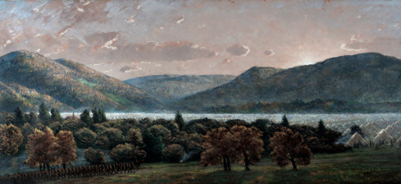 Closeup of painting by Homer Watson of WWI army training camp in Valcartier