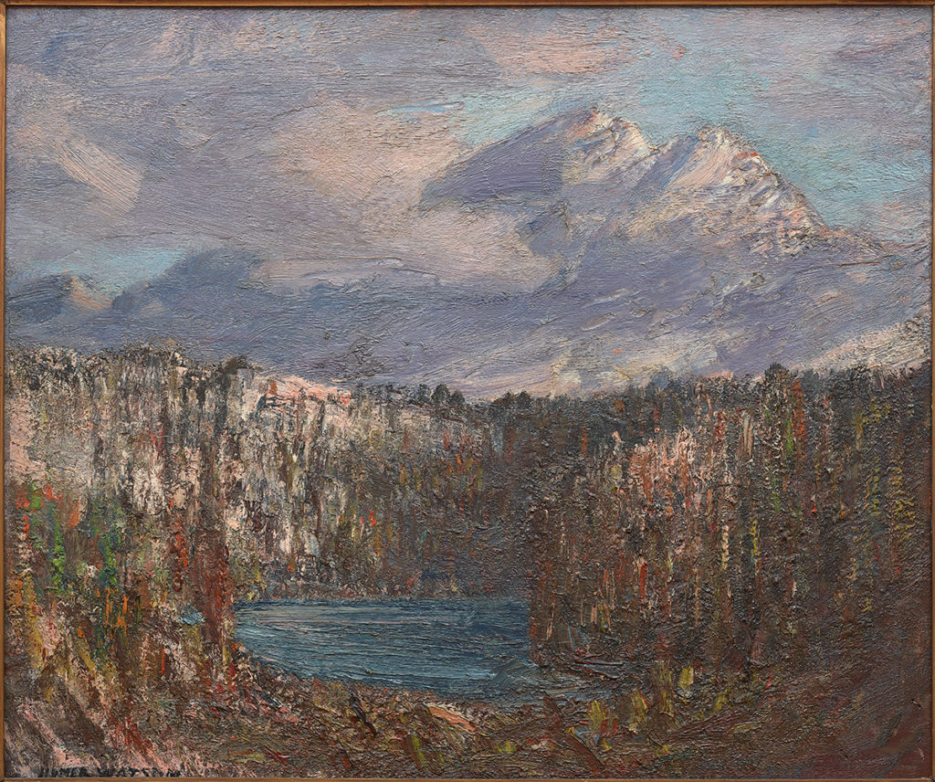 Homer Watson, Emerald Lake, Banff. 1933, Oil on Board. HWHG Permanent Collection.