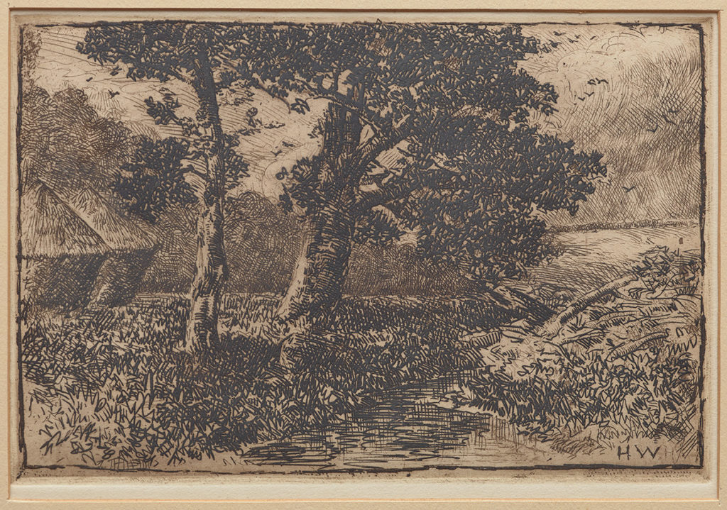 Homer Watson "Tree with Meadow Hay Ricks" etching c1889