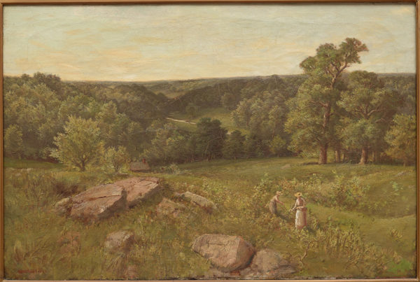 Homer Watson, Untitled (Grand River Valley with Women Collecting Berries). c.1884, Oil on Board. HWHG Permanent Collection. 