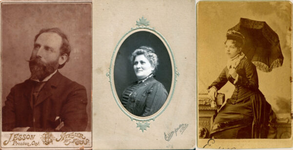 Portraits of Homer Watson, c.1884 (left), Roxa Watson (center), undated, and Phoebe Watson (right), undated (below) by James Esson. HWHG Collection.