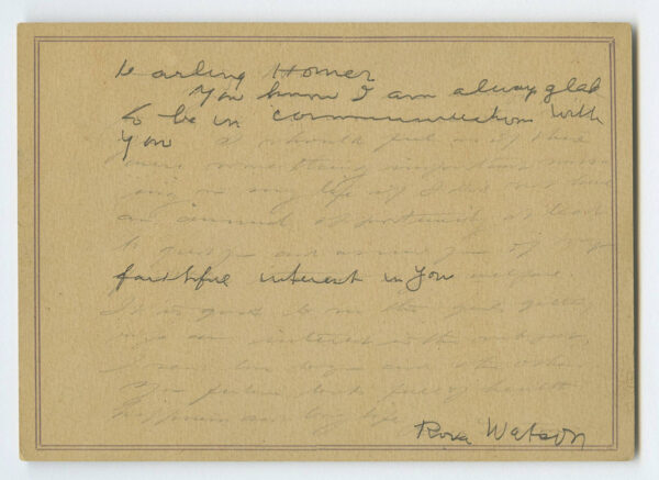 A “spirit card” allegedly written by the spirit of Roxa Watson. The last line reads: “I send love to you and others. Your future looks full of health happiness and long life. Roxa Watson” HWHG Permanent Collection.