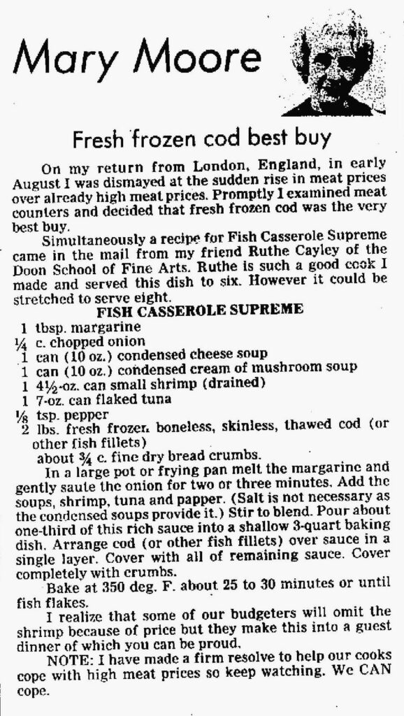 Ruthe Cayley's Fish Casserole Supreme. The Brandon Sun, 28 August 1973.