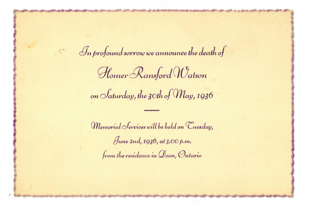 One of Homer Watson’s funeral announcement cards. HWHG Permanent Collection.