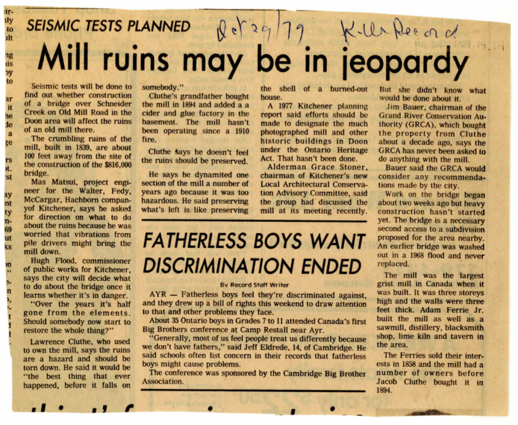 Clipping from the Kitchener-Waterloo Record, October 29th, 1979. HWHG Permanent Collection.