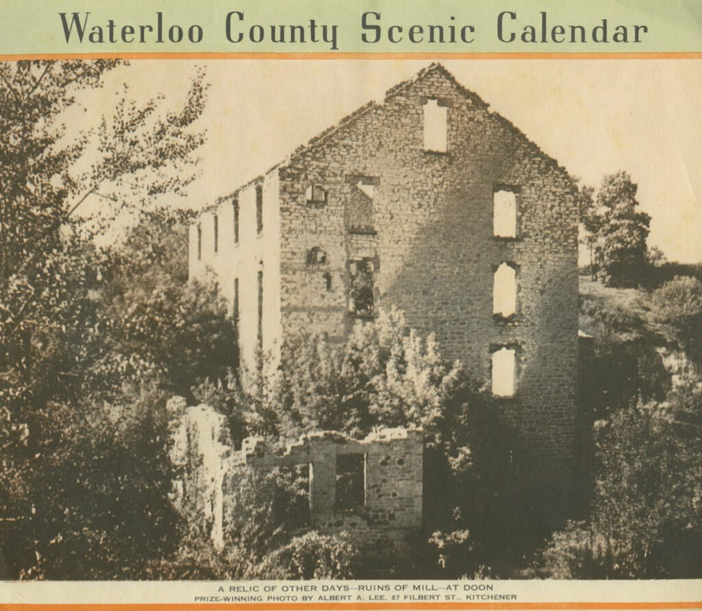 Clipping from a Waterloo Trust & Savings Co. Scenic Calendar featuring a photograph of the Doon Mills, taken by Albert A. Lee. Undated, HWHG Permanent Collection.