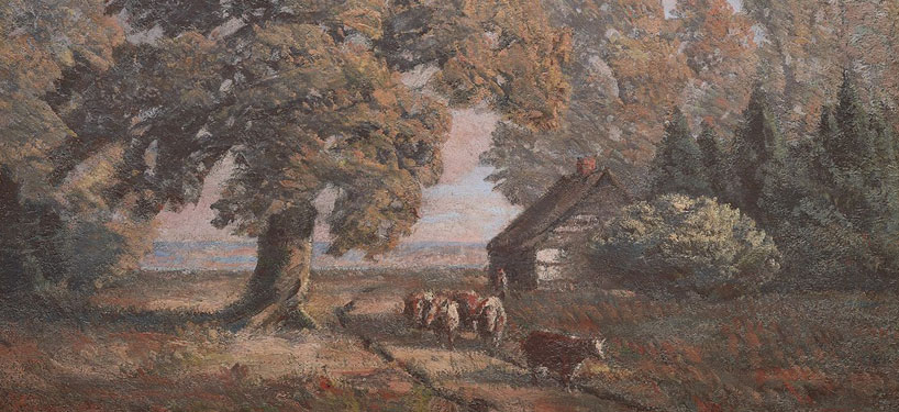 Closeup of painting by Homer Watson called Cabin in the Lane