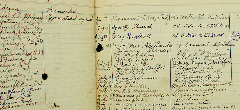 closeup of handwritten guestbook