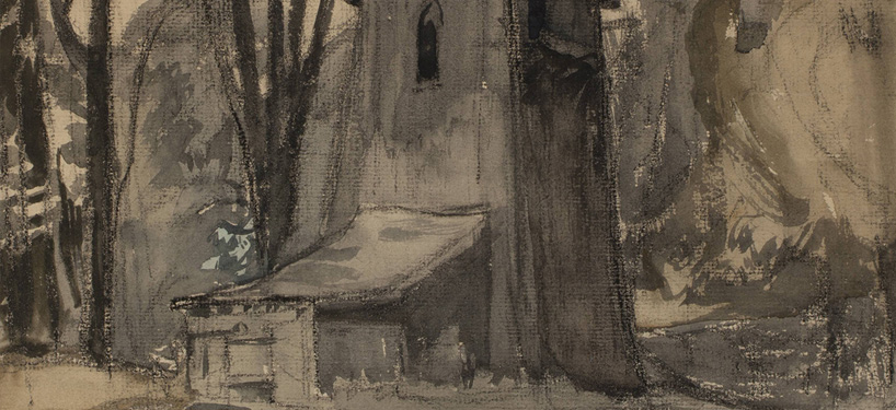 Closeup of painting by Fred Varley called Sheaves Tower