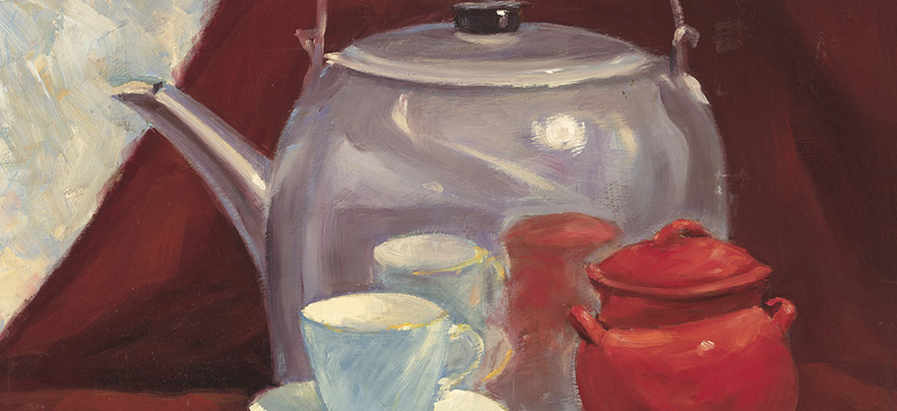 closeup of painting by Tom Cayley of tea pot and cups