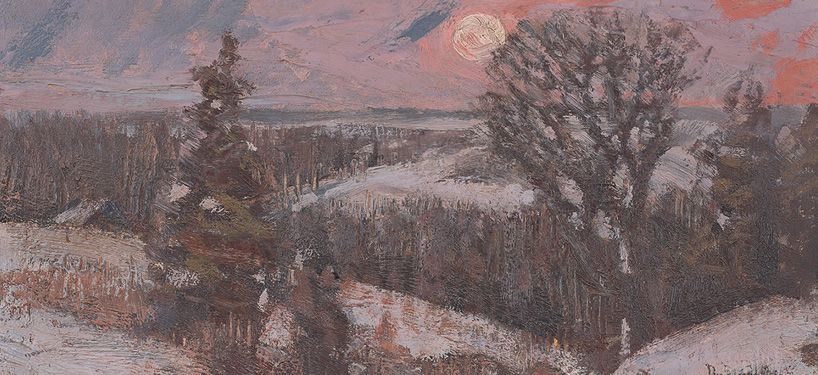 Closeup of painting by Homer Watson of winter moon and pink sky