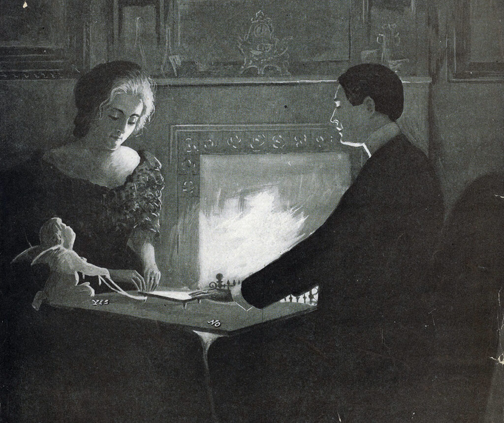 ; A couple using a planchette board from the cover of the songbook, There's a charm about the old love still, 1901, The New York Public Library Digital Collections.